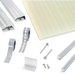 Acryl Doppelstegplatten | Terrassendach-Set | einfachem Alu Verlegeprofil | 16 mm | opal-weiß/gold