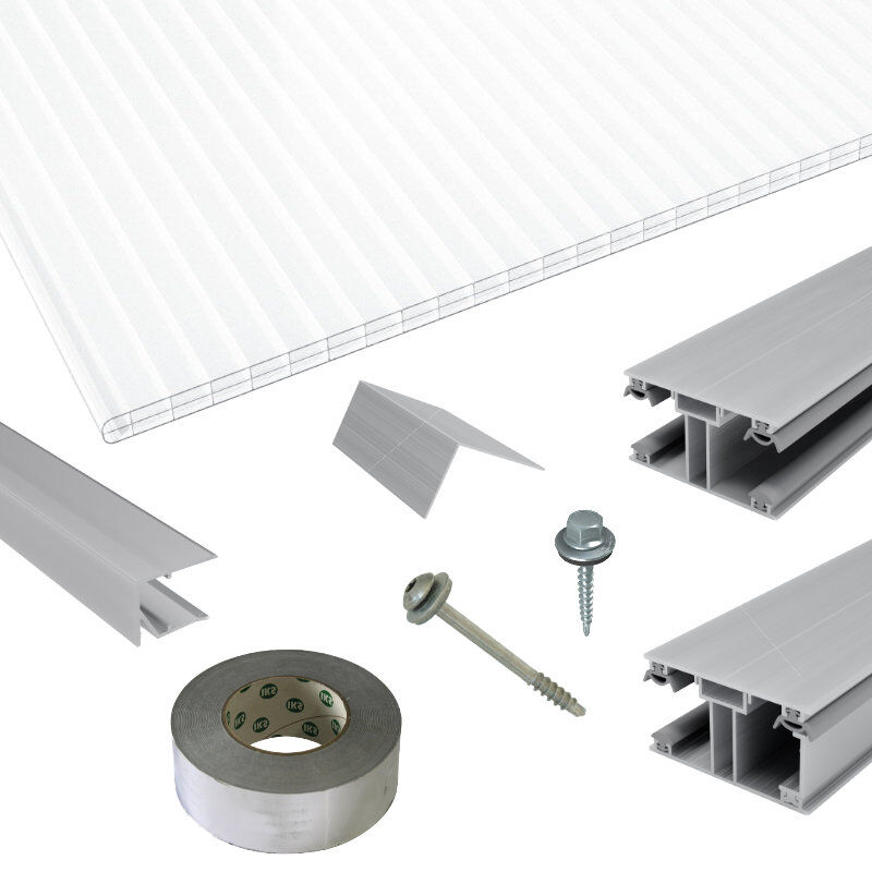 Polycarbonat Stegplatten | Terrassendach-Set | ECO Verlegeprofil | 16 mm | opal-weiß 1 Polycarbonat Stegplatten | Terrassendach-Set | ECO Verlegeprofil | 16 mm | opal-weiß