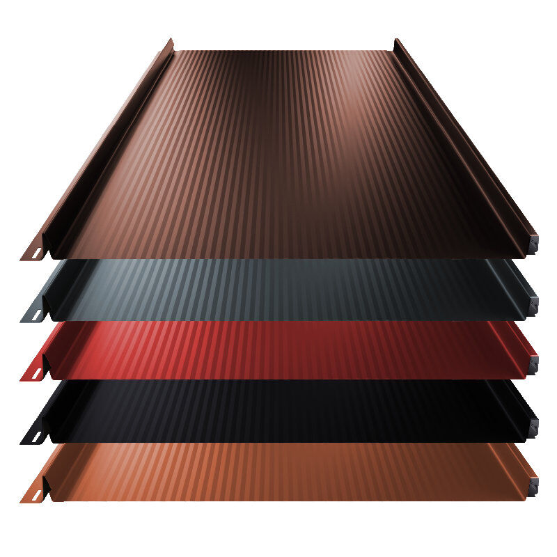 Stehfalz Terrano | Dach & Wand | 0,50 mm | Stahl | Nanowelle | 525 mm Breite | 25 µm ThyssenKrupp Polyester 1 Stehfalz Terrano | Dach & Wand | 0,50 mm | Stahl | Nanowelle | 525 mm Breite | 25 µm ThyssenKrupp Polyester