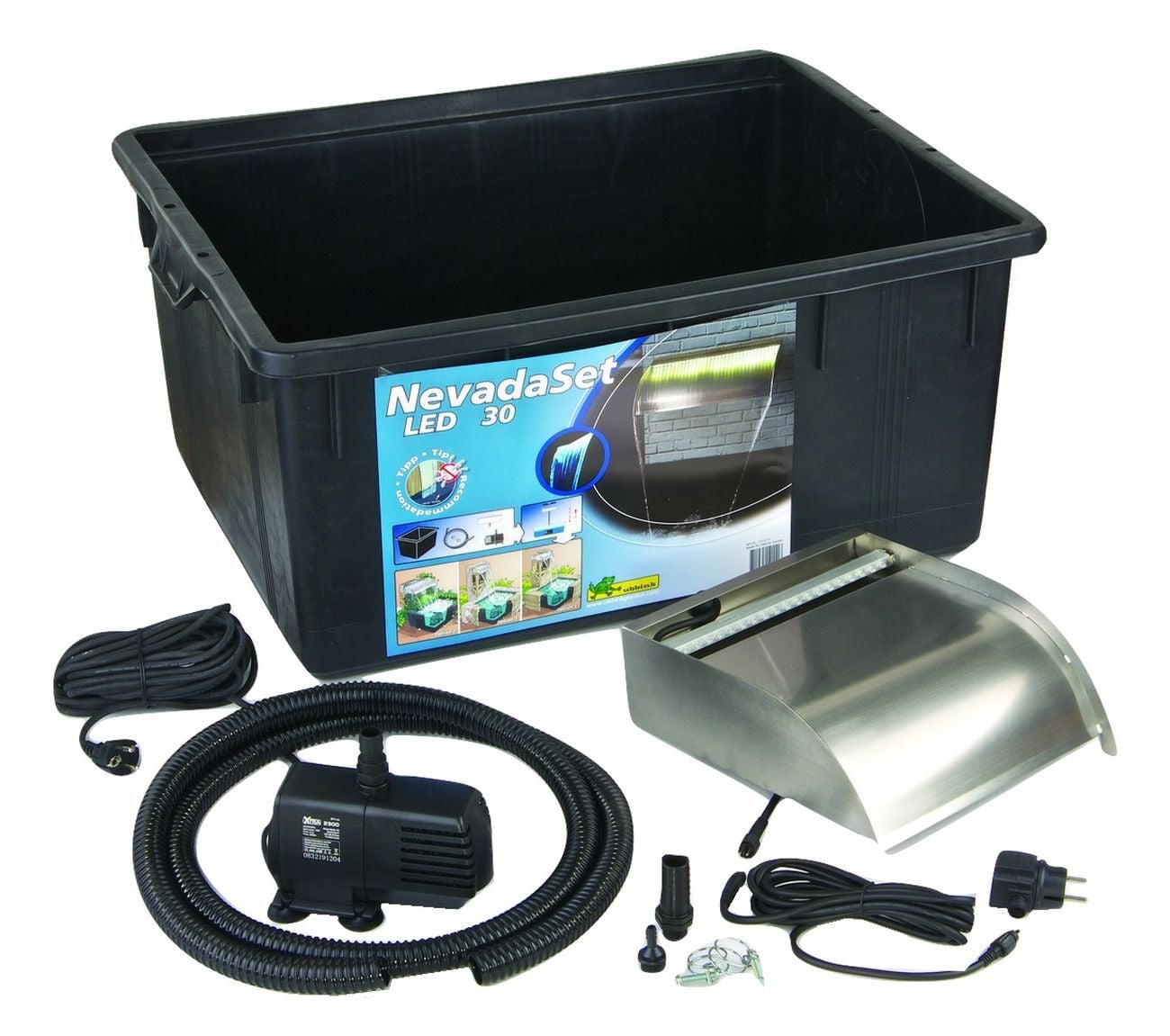 Wasserfall-Set Nevada LED, Becken und Pumpe 1 Wasserfall-Set Nevada LED, Becken und Pumpe