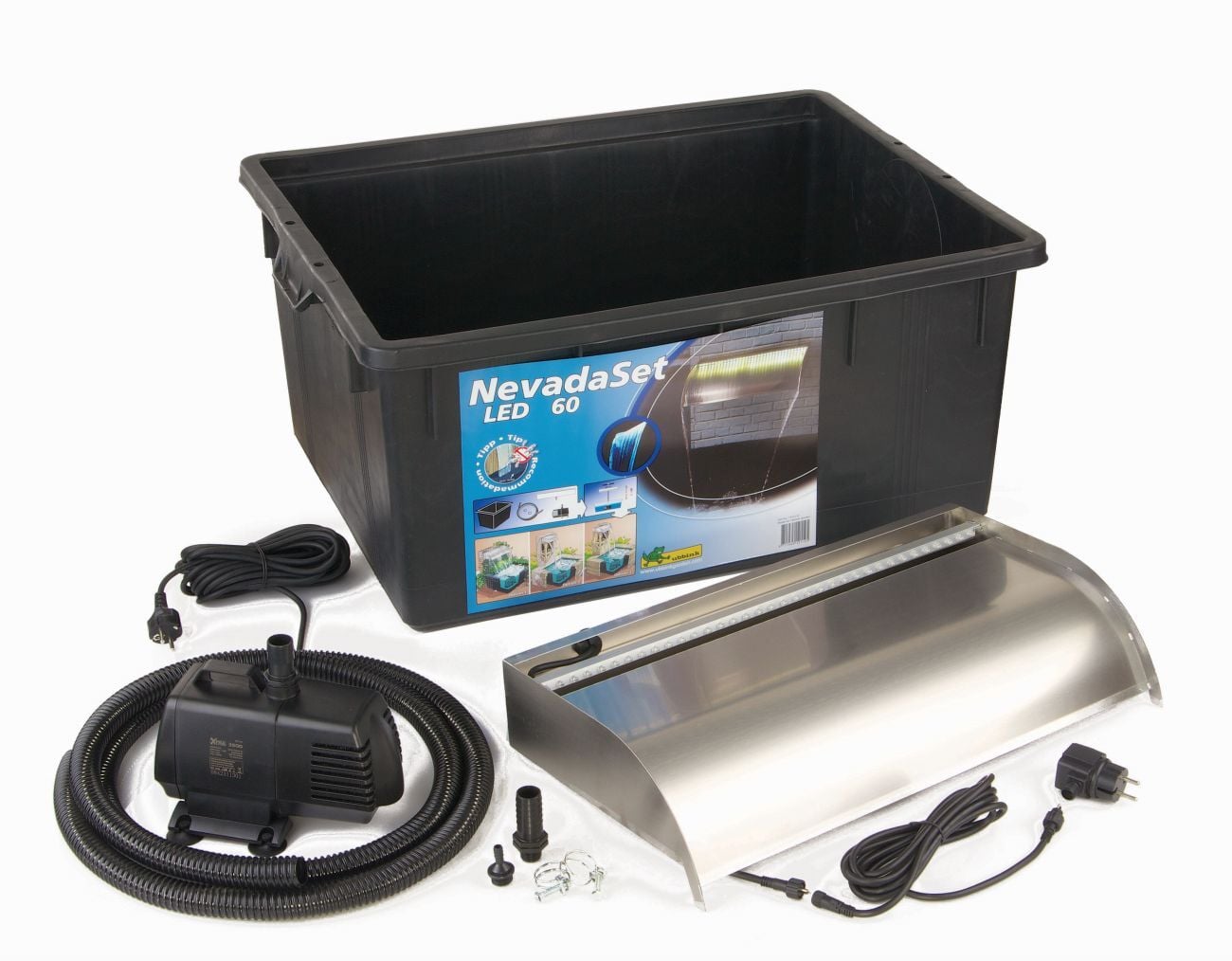 Wasserfall-Set Nevada LED, Becken und Pumpe 1 Wasserfall-Set Nevada LED, Becken und Pumpe