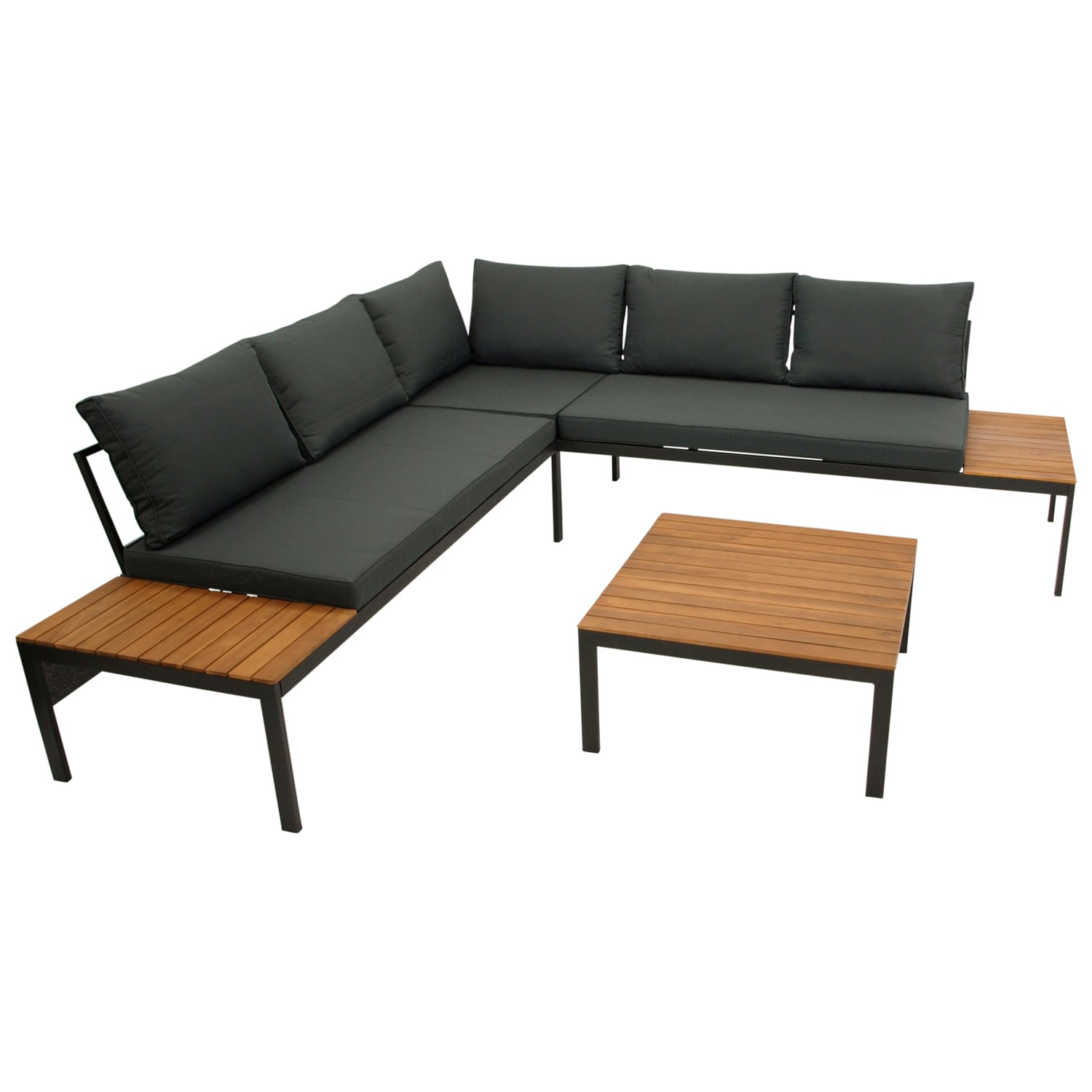 Ecksofa mit Tisch, Stahl + Akazie, Polster grau 1 Ecksofa mit Tisch, Stahl + Akazie, Polster grau