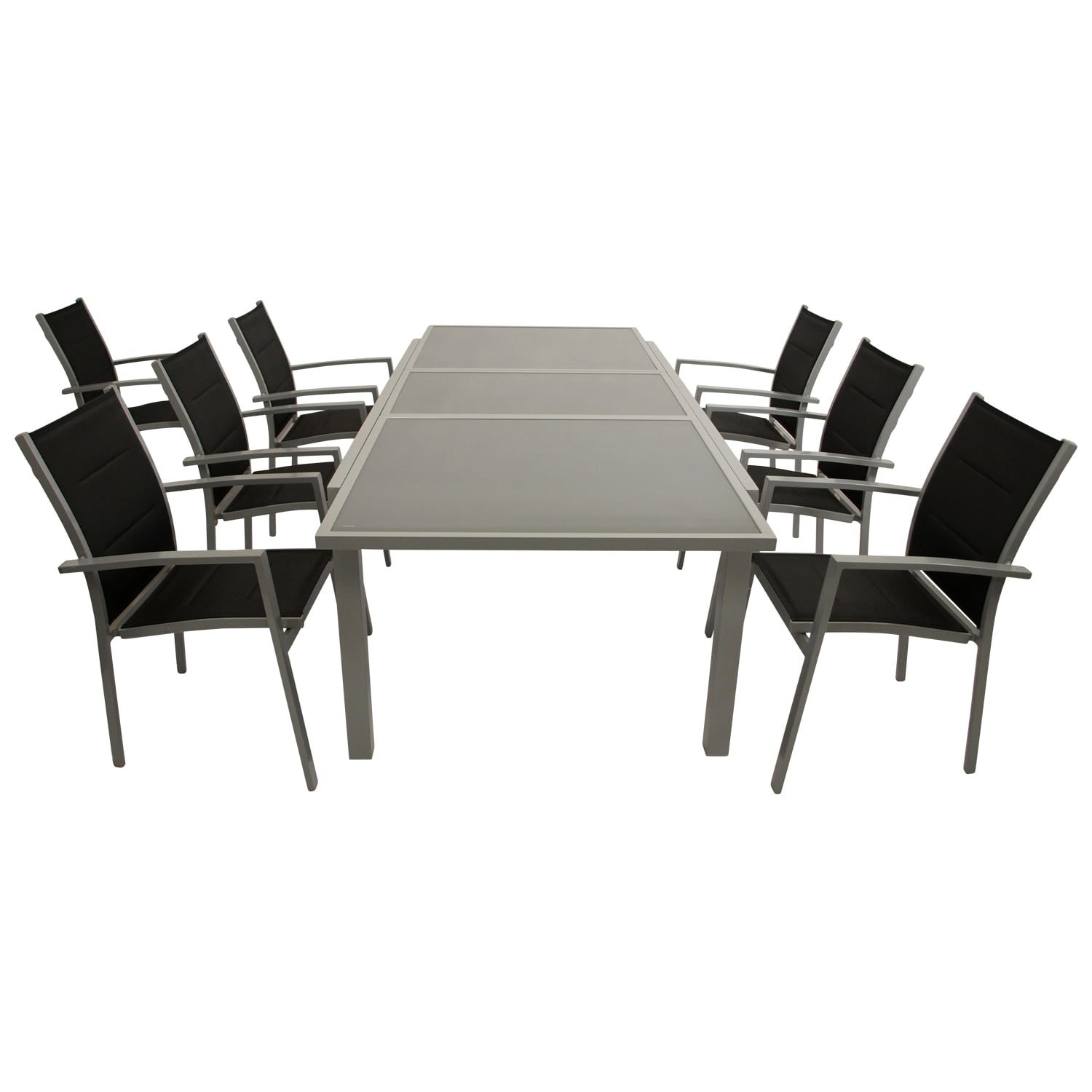 Garnitur 7-teilig, Ausziehtisch + Stapelsessel, Aluminium/Textil/Glas 1 Garnitur 7-teilig, Ausziehtisch + Stapelsessel, Aluminium/Textil/Glas