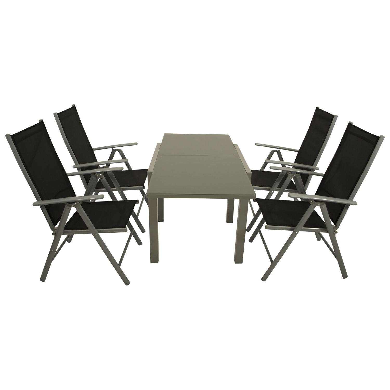 Garnitur 5-teilig, Ausziehtisch + Klappsessel, Aluminium/Textilene/Glas 1 Garnitur 5-teilig, Ausziehtisch + Klappsessel, Aluminium/Textilene/Glas