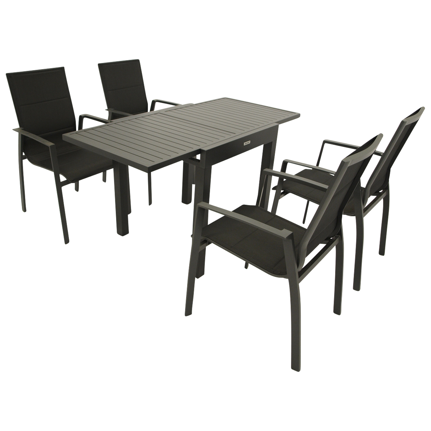 Garnitur 5-teilig, Ausziehtisch + Stapelsessel, Aluminium/Textilene 1 Garnitur 5-teilig, Ausziehtisch + Stapelsessel, Aluminium/Textilene