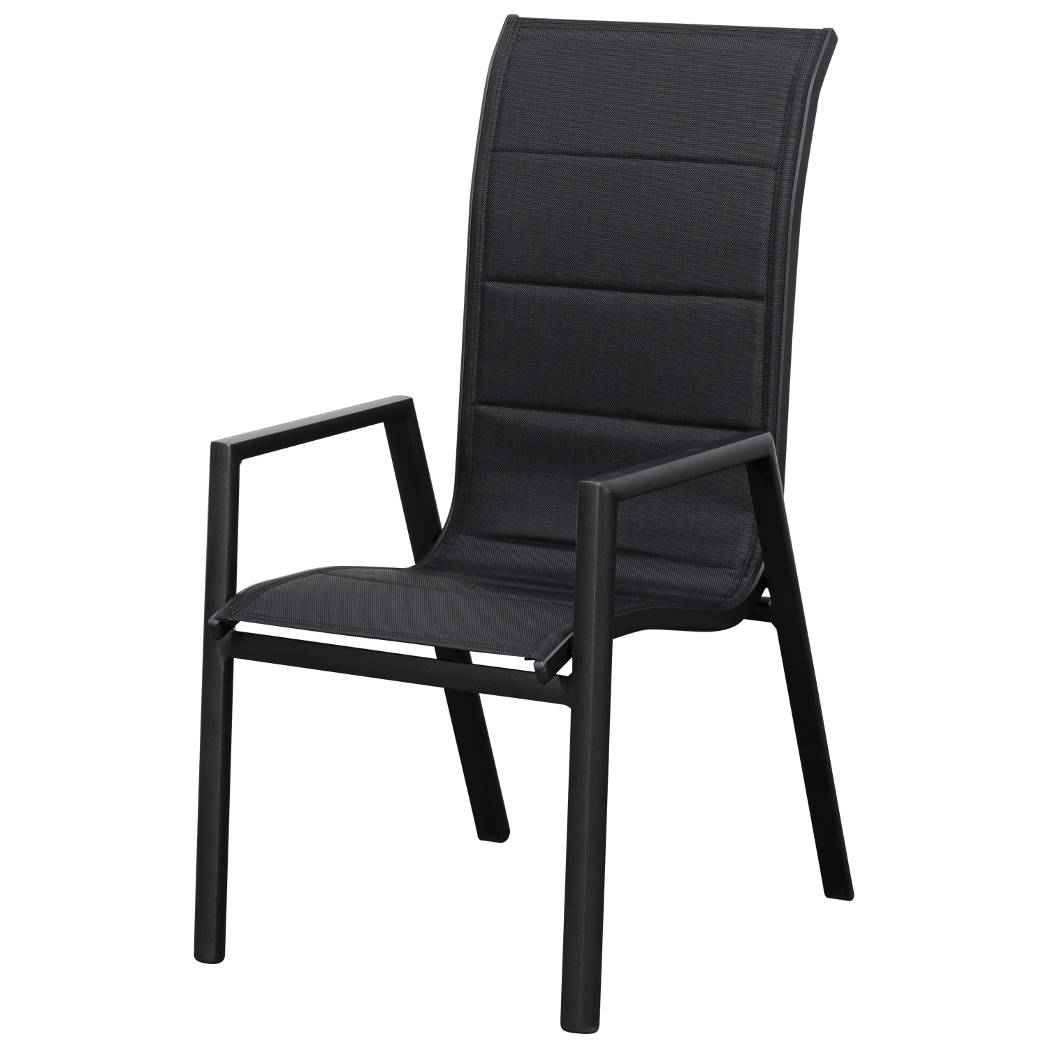 Stapelsessel Hochlehner, Alu anthrazit mit gepolsterter Kunstgewebesitzfläche schwarz, 4-er Set 1 Stapelsessel Hochlehner, Alu anthrazit mit gepolsterter Kunstgewebesitzfläche schwarz, 4-er Set