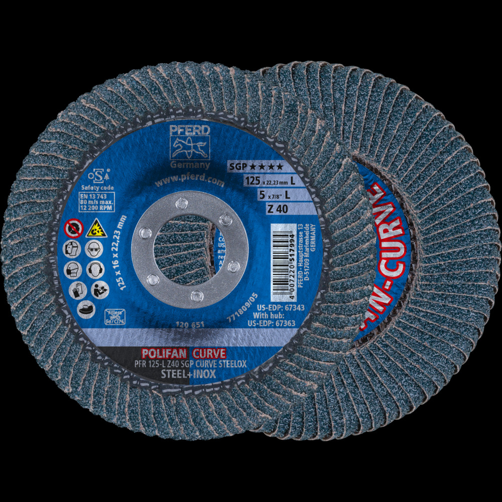 POLIFAN-Fächerschleifscheibe Zirkonkorund Z SGP CURVE STEELOX, Ø125mm, K40 1 POLIFAN-Fächerschleifscheibe Zirkonkorund Z SGP CURVE STEELOX, Ø125mm, K40