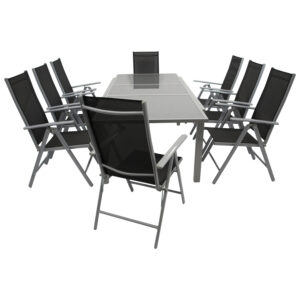 Garnitur 9-teilig, Ausziehtisch, Aluminium/Textilene/Glas