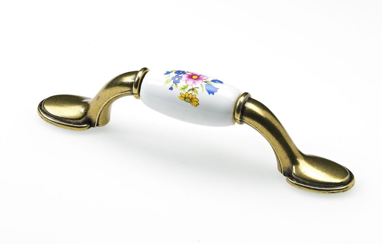 Möbelgriff,  76 mm, 126,5 x 18 x 30 mm, Zinkdruckguss, Keramik, vermessingt, weiß