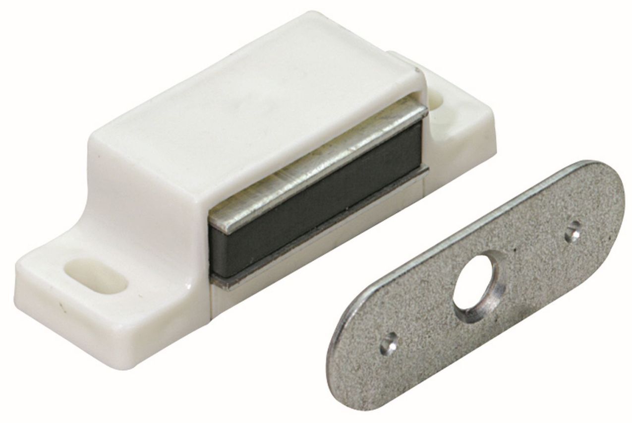 Magnetschnäpper 3-4 kg, Gegenplatte starr, 45 x 14 x 15 mm, verzinkt, weiß