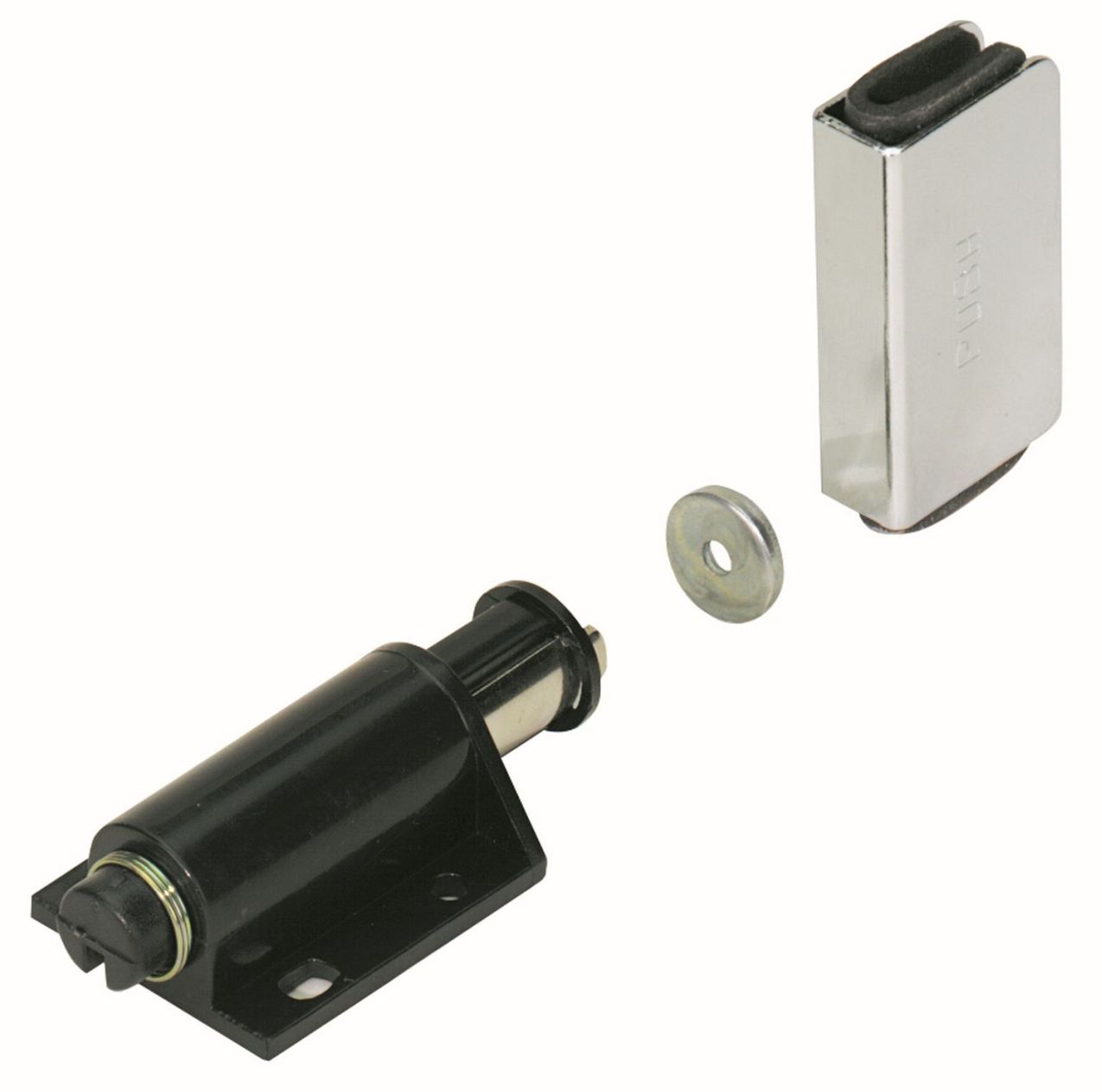 Druckmagnetschnäpper zum Aufschrauben. Mit Gegenplatte für Holztüren und Klemmplatte für Glastüren, 44 x 28 x 17 mm