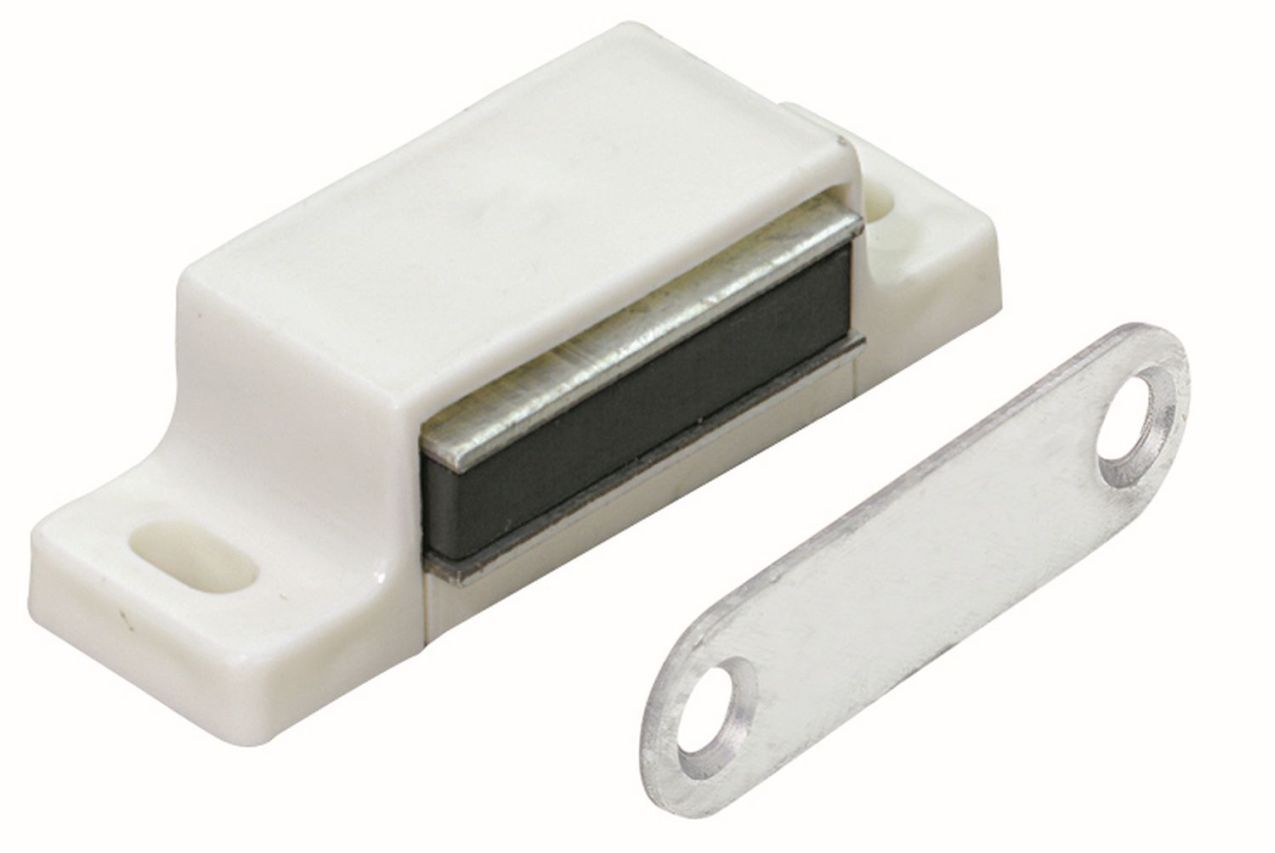 Magnetschnäpper 4-5 kg, Gegenplatte starr, 45 x 14 x 15 mm, verzinkt, weiß