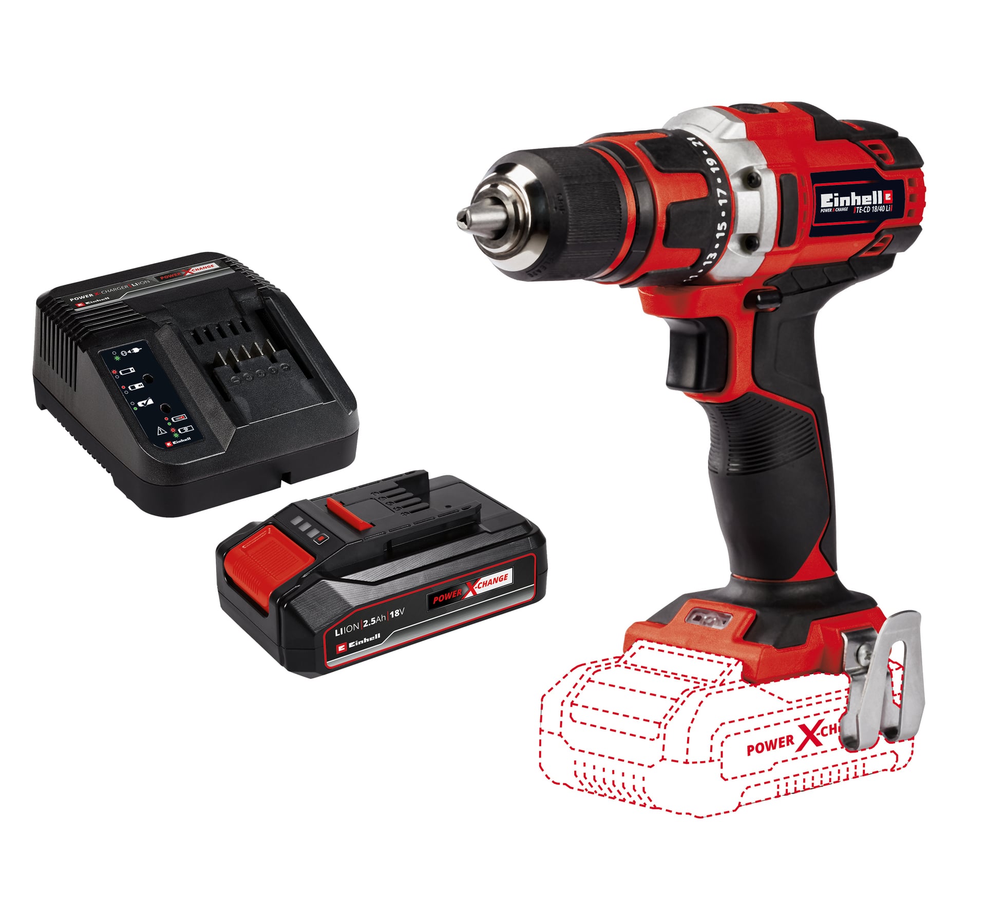Akku-Bohrschrauber TE-CD 18/40 Li und PXC-Starter Kit 18V 2,5Ah