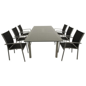 Garnitur 7-teilig, Ausziehtisch + Stapelsessel, Aluminium/Textillehne