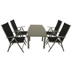 Garnitur 5-teilig, Ausziehtisch + Klappsessel, Aluminium/Textilene/Glas