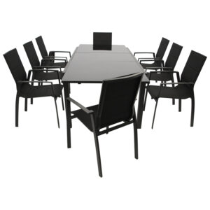Garnitur 9-teilig, Aluminium, Kunstgewebe schwarz, Glasplatte