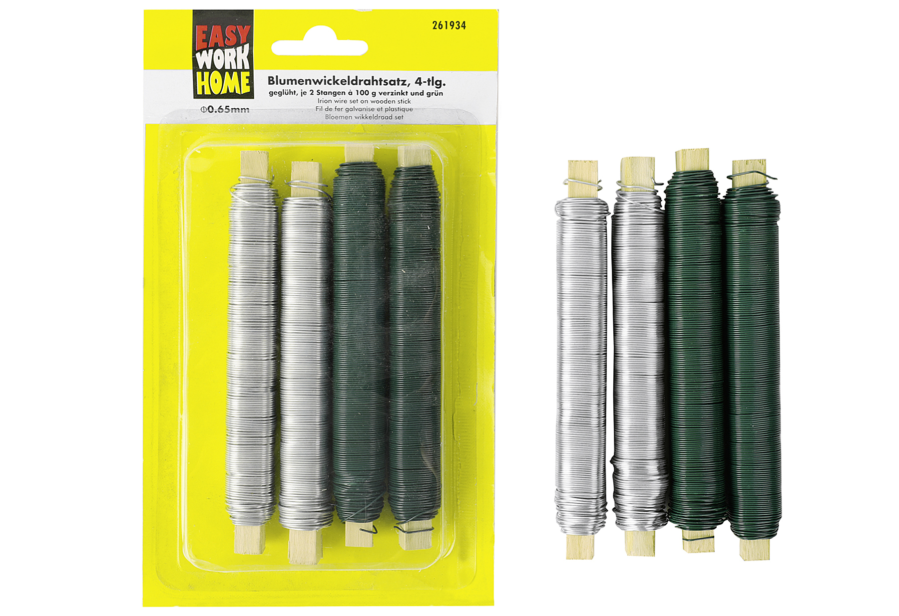 Blumenwickeldrahtsatz, 4-tlg, je 2 Stangen a 100gr. In verzinkt und grün 1 Blumenwickeldrahtsatz, 4-tlg, je 2 Stangen a 100gr. In verzinkt und grün