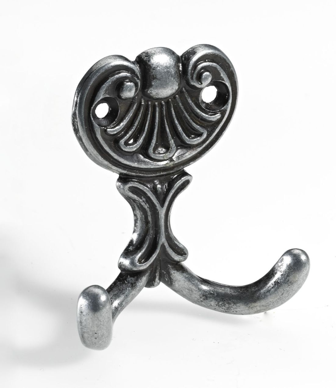 Mantelhaken, 60 x 67 x 22 mm, Zinkdruckguss brüniert, silberfarben 1 Mantelhaken, 60 x 67 x 22 mm, Zinkdruckguss brüniert, silberfarben