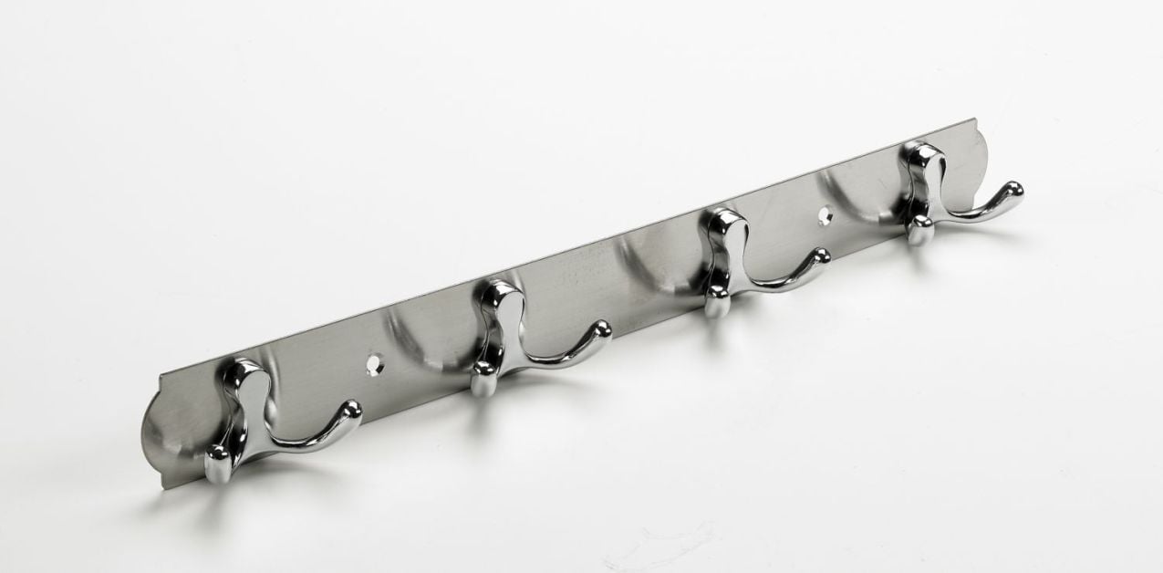 Hakenleiste, 4 Haken, 380 x 38 x 33 mm, Edelstahl, Zinkdruckguss verchromt 1 Hakenleiste, 4 Haken, 380 x 38 x 33 mm, Edelstahl, Zinkdruckguss verchromt