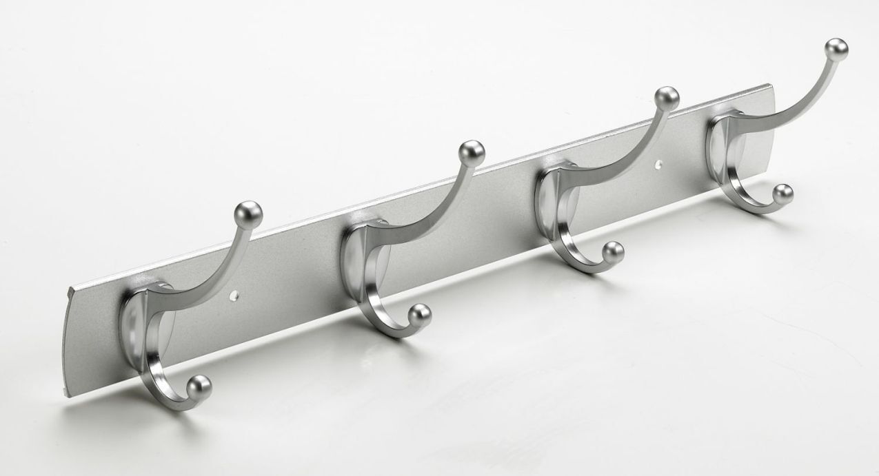 Hakenleiste, 4 Haken, 435 x 110 x 80 mm, Aluminium, Zinkdruckguss eloxiert, verchromt 1 Hakenleiste, 4 Haken, 435 x 110 x 80 mm, Aluminium, Zinkdruckguss eloxiert, verchromt
