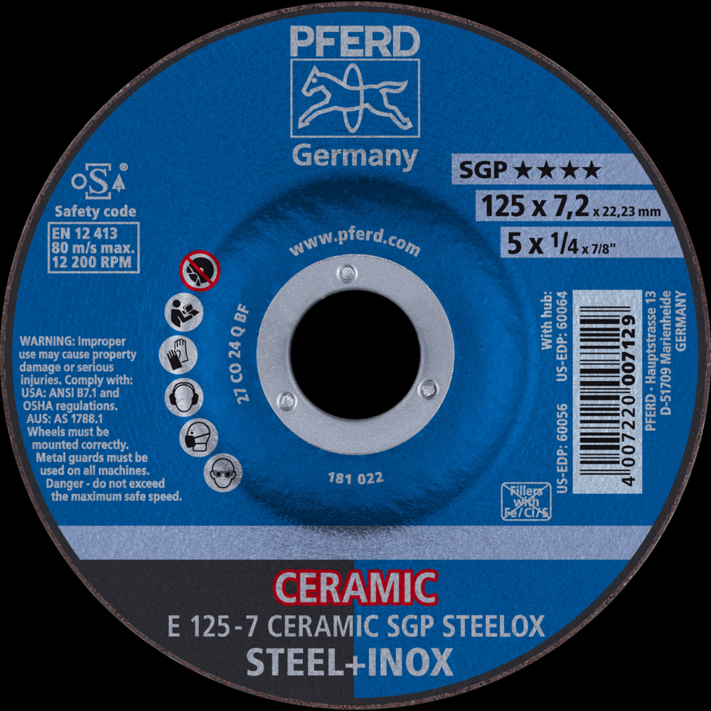Schruppscheibe CERAMIC SGP STEEL, 125x7,6x22,23mm, Leistungslinie 1 Schruppscheibe CERAMIC SGP STEEL, 125x7,6x22,23mm, Leistungslinie