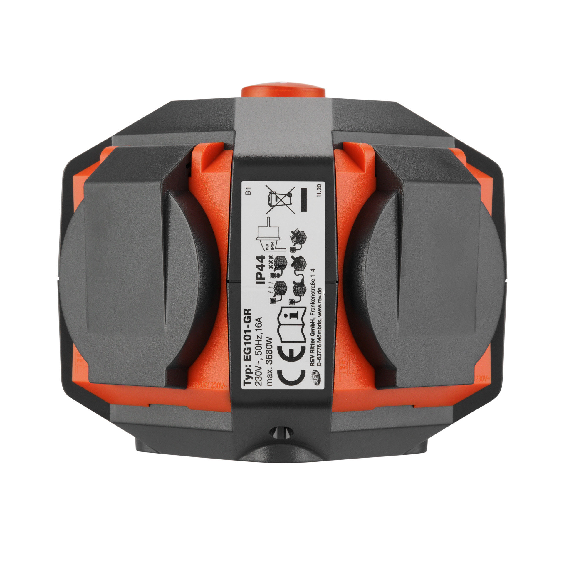 Außen-Steckdose PowerGlobe 4-fach mit Schalter, grau/orange 1 Außen-Steckdose PowerGlobe 4-fach mit Schalter, grau/orange
