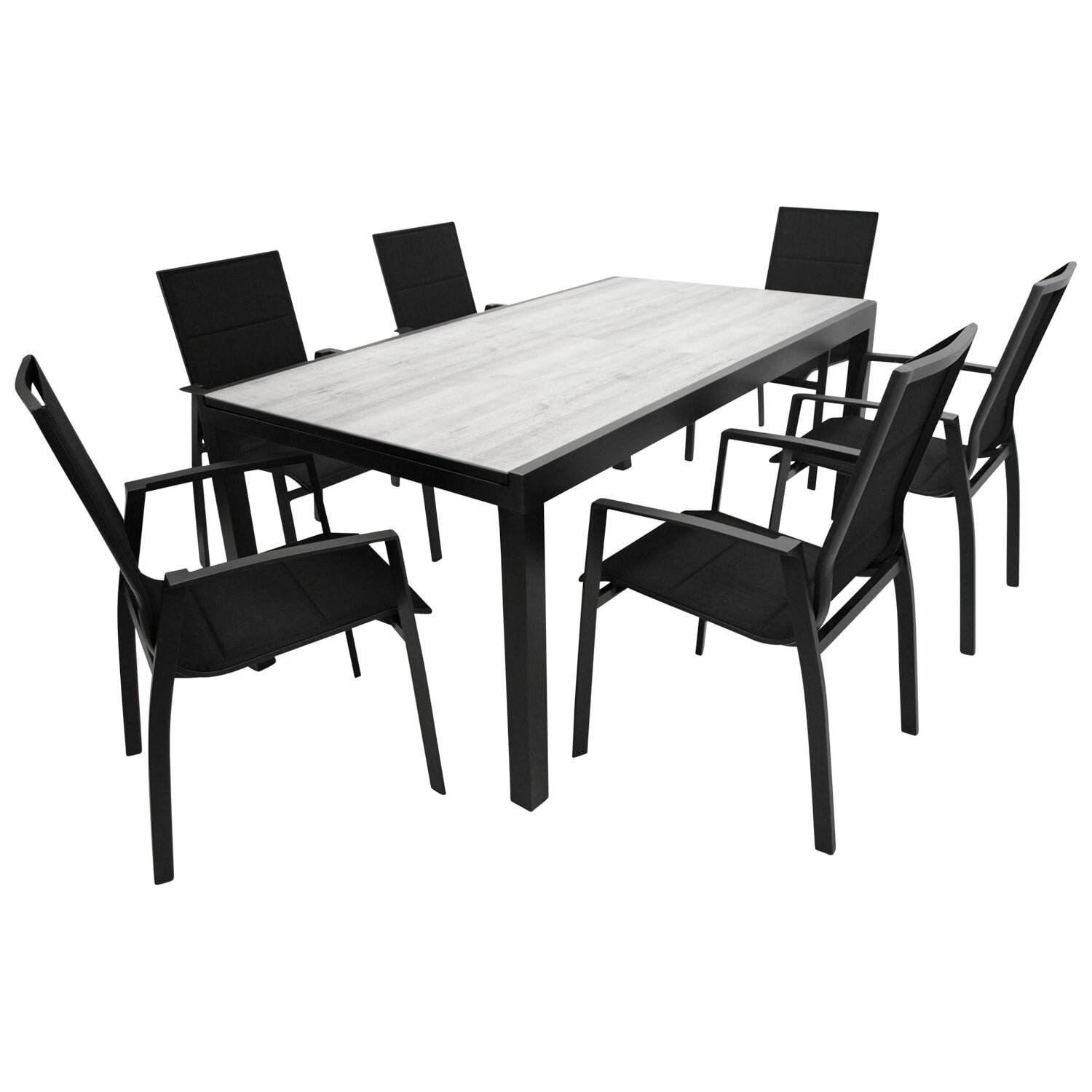 Garnitur 7-teilig, Ausziehtisch, Aluminium/Kunstgewebe, schwarz 1 Garnitur 7-teilig, Ausziehtisch, Aluminium/Kunstgewebe, schwarz