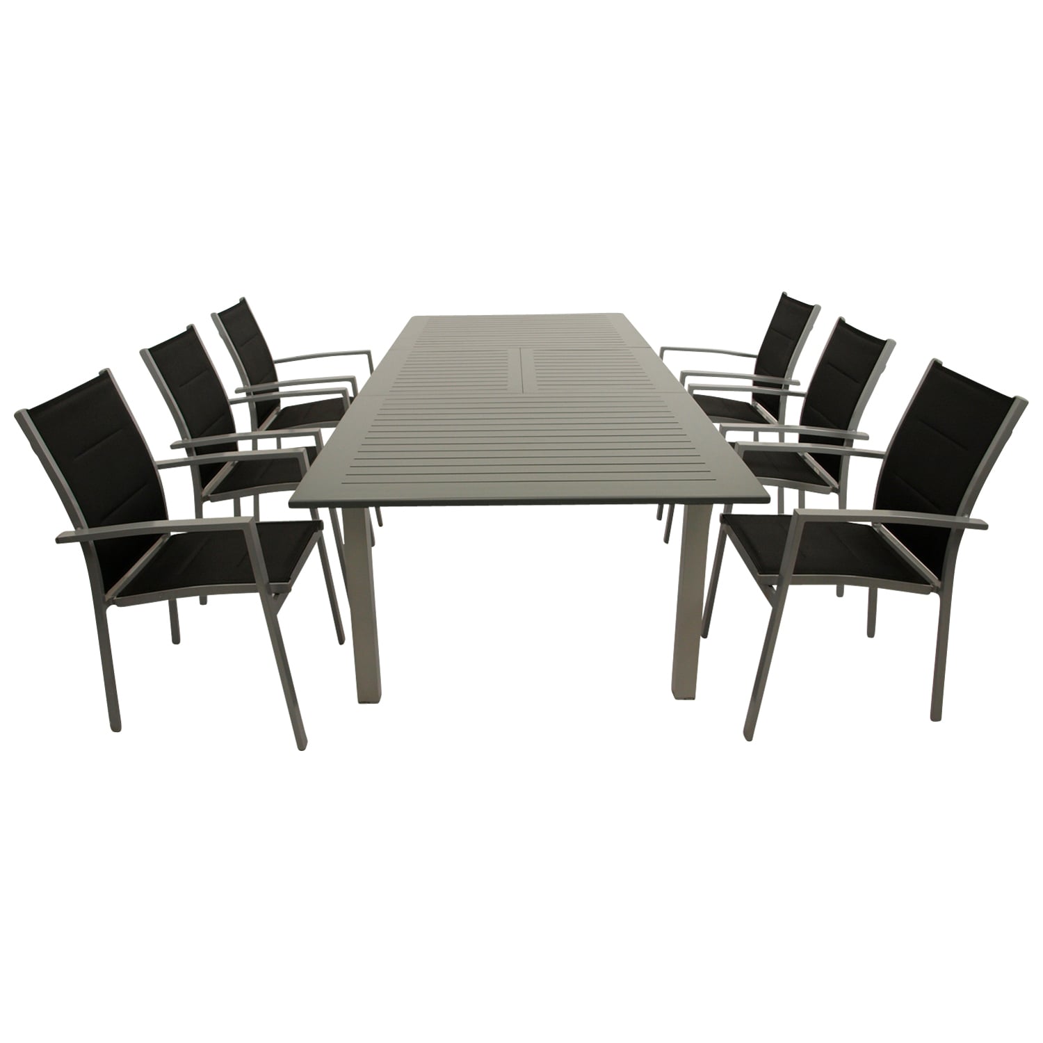 Garnitur 7-teilig, Ausziehtisch + Stapelsessel, Aluminium/Textillehne 1 Garnitur 7-teilig, Ausziehtisch + Stapelsessel, Aluminium/Textillehne