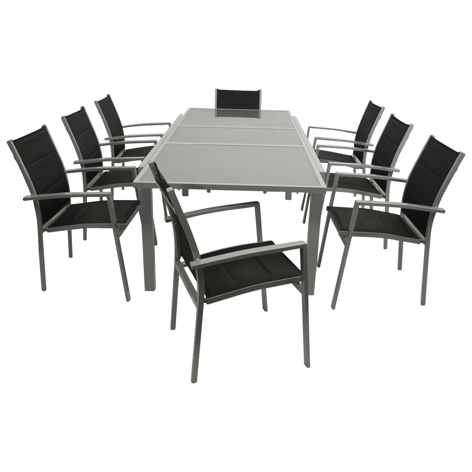 Garnitur 9-teilig, Ausziehtisch, Aluminium/Textilene/Glas 1 Garnitur 9-teilig, Ausziehtisch, Aluminium/Textilene/Glas