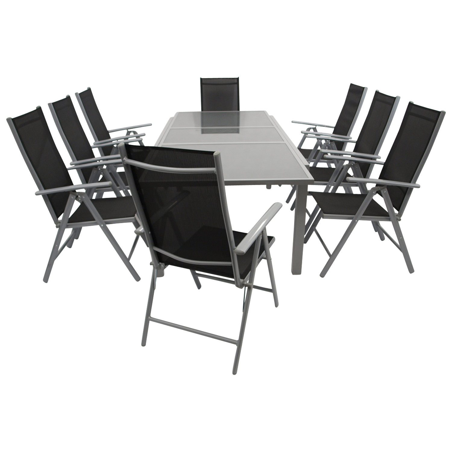 Garnitur 9-teilig, Ausziehtisch, Aluminium/Textilene/Glas 1 Garnitur 9-teilig, Ausziehtisch, Aluminium/Textilene/Glas