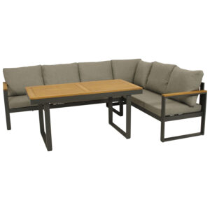 Eck-Diningset Aluminium anthrazit + Akazie, Polster grau, Tisch 140x70cm, mit Liegefunktion