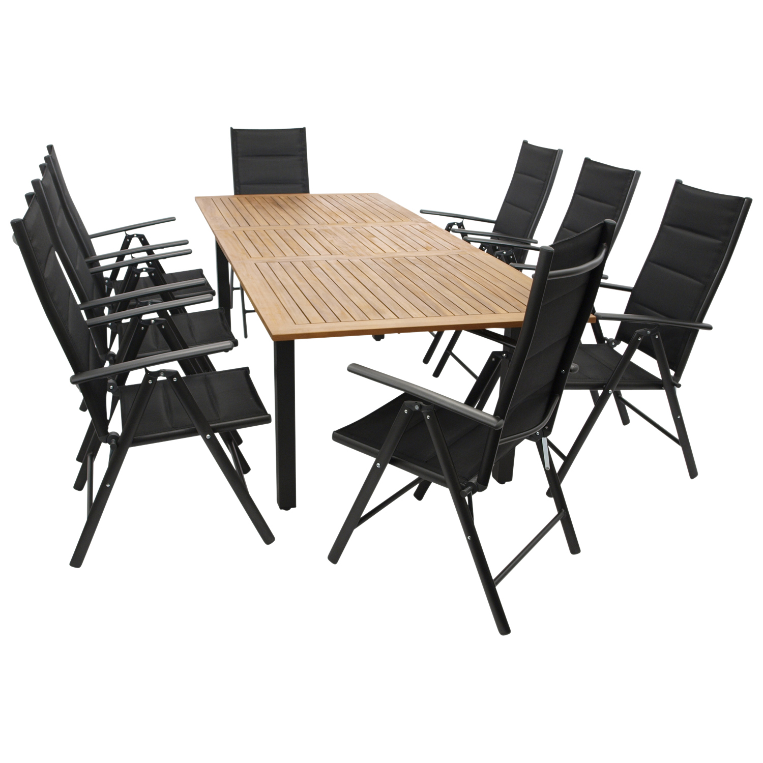 Garnitur 9-teilig, Aluminium, Akazie, Kunstgewebe schwarz 1 Garnitur 9-teilig, Aluminium, Akazie, Kunstgewebe schwarz