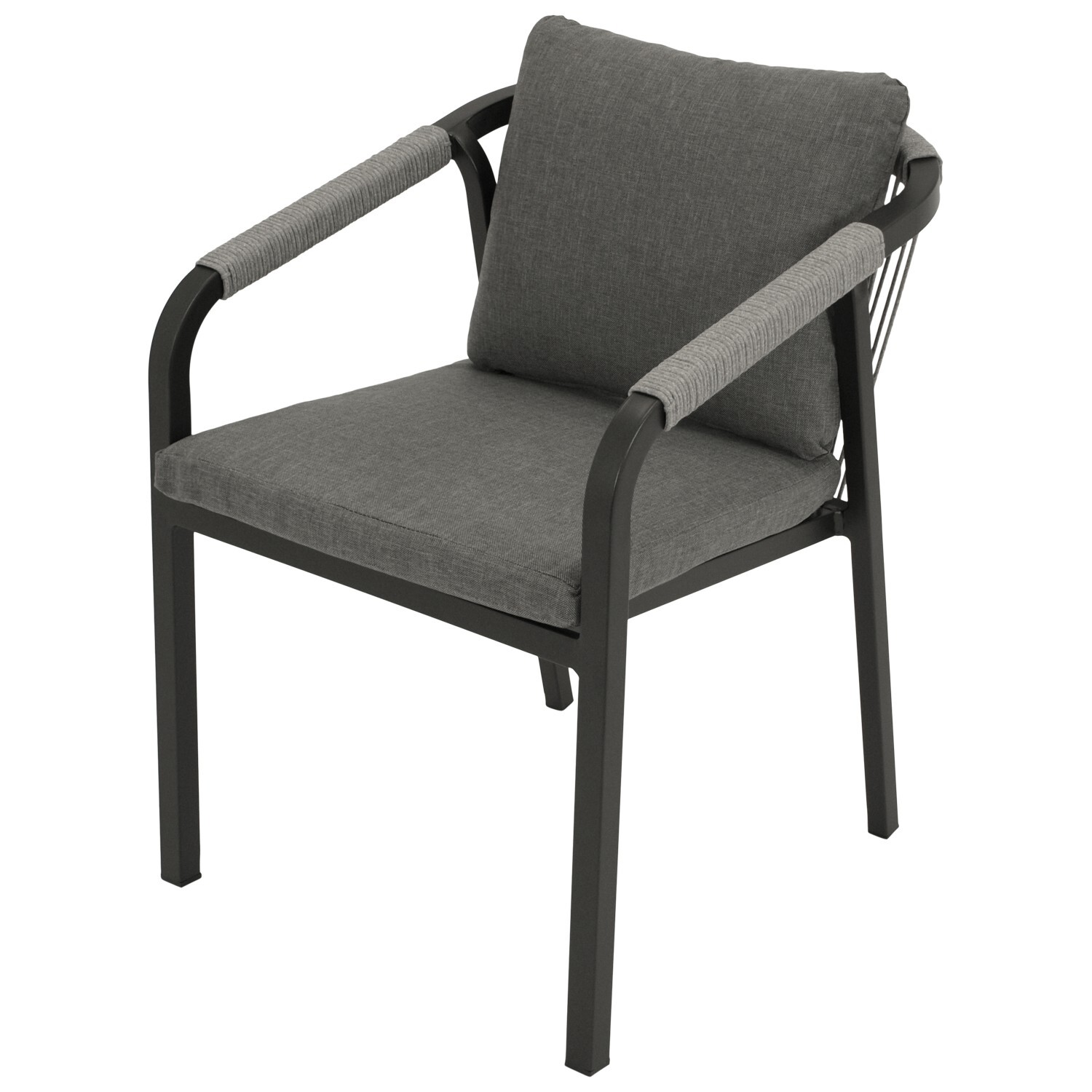Stapelsessel Aluminium anthrazit mit Rope und Kissen in grau, 4-er Set 1 Stapelsessel Aluminium anthrazit mit Rope und Kissen in grau, 4-er Set