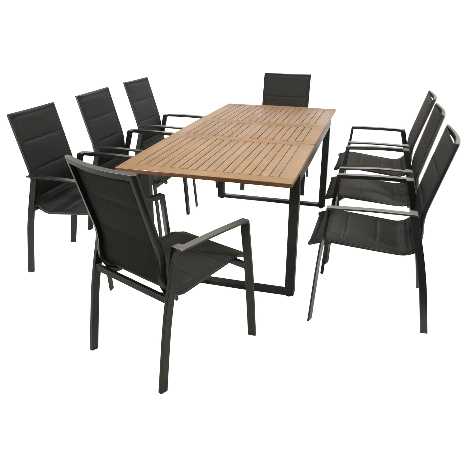 Garnitur 9-teilig, Aluminium, Textilgewebe, Tischplatte Akazie 1 Garnitur 9-teilig, Aluminium, Textilgewebe, Tischplatte Akazie