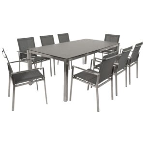 Garnitur 9-teilig, Edelstahl, Kunstgewebe, Tischplatte Glas