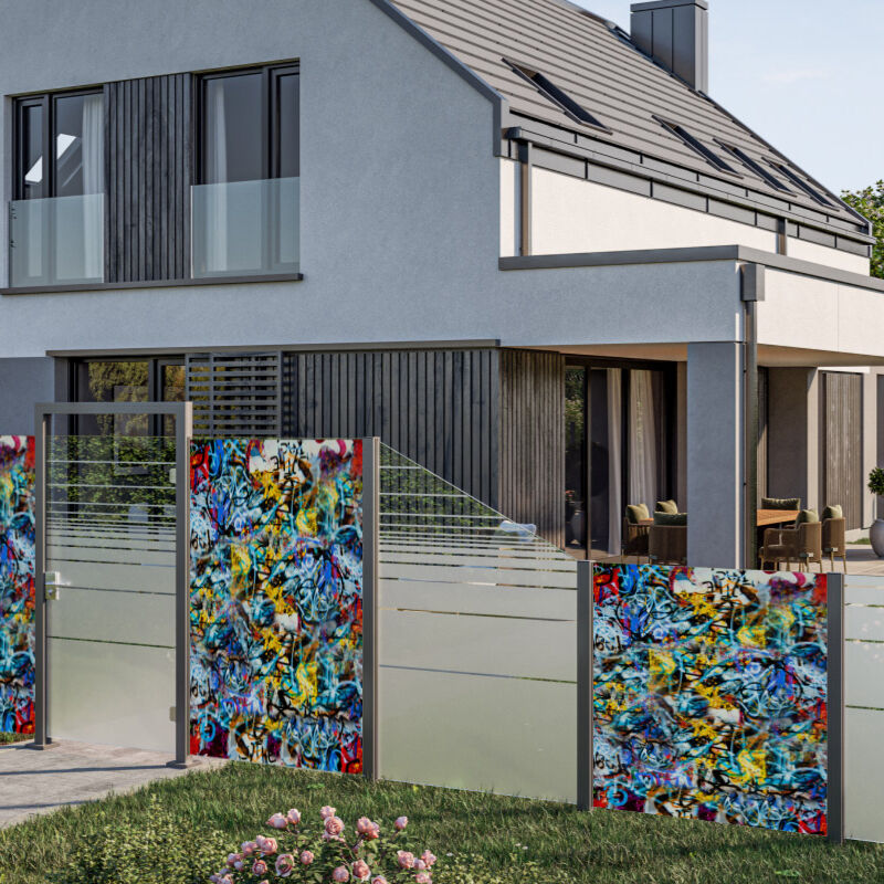 Sichtschutzzaun | VETRO | Dekor GRAFFITI | Motivdruck Graffiti 1 Sichtschutzzaun | VETRO | Dekor GRAFFITI | Motivdruck Graffiti