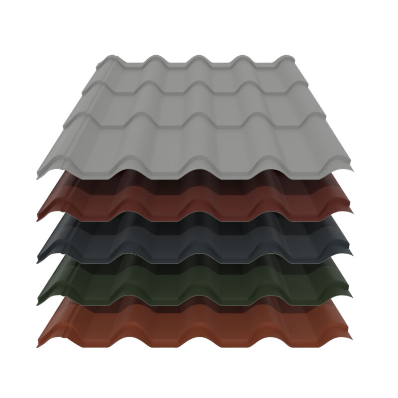 Pfannenblech Typ Europa | 0,63 mm | Stahl | Modullänge 350 mm | 25 µm Polyester 1 Pfannenblech Typ Europa | 0,63 mm | Stahl | Modullänge 350 mm | 25 µm Polyester